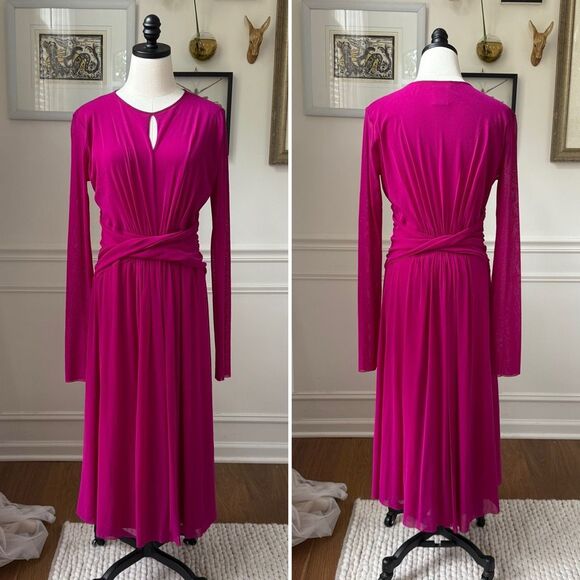 Fuzzi Italy Magenta Fuchsia Fluid Mesh Tulle Midi Long Sleeve Dress $450 20 - Picture 1 of 9